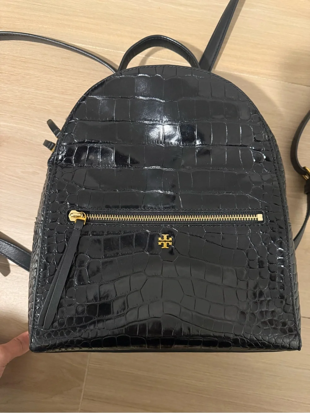 Tory Burch Black Croc-Embossed Mini Backpack with Gold Hardware